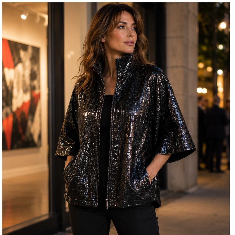 Vintage Berek Black Croc Embossed Jacket Large Glossy Retro Art-to-Wear 1980s